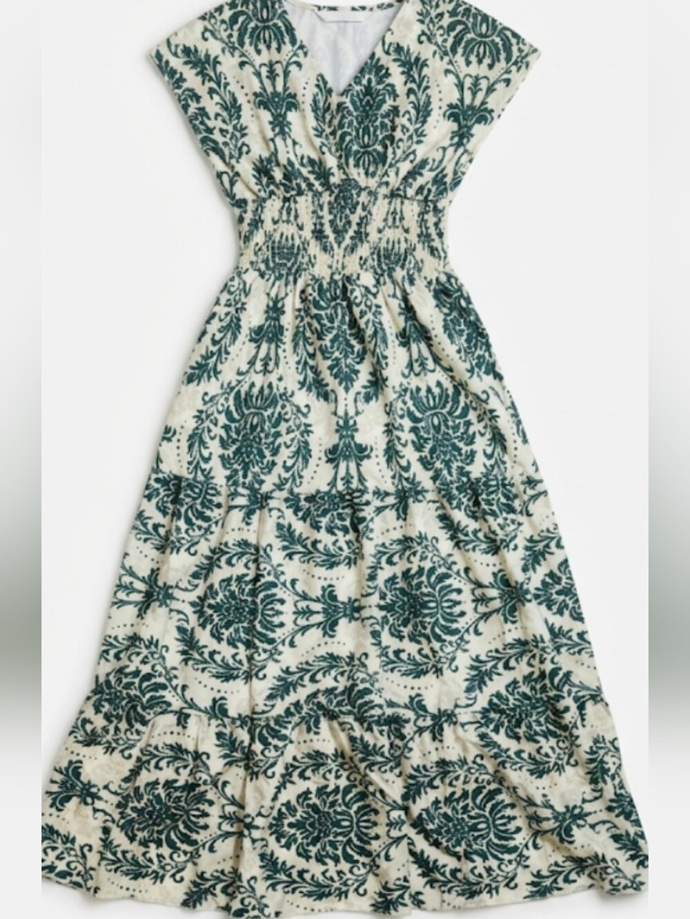 Cream and Teal Printed Smocked Waist Maxi Skirt #116